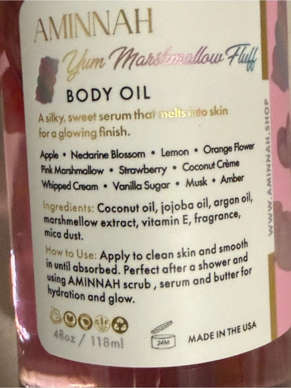 Aminnah “Yum Marshmallow” Body Oil - limited Edition Hydrating Skin Serum! NEW